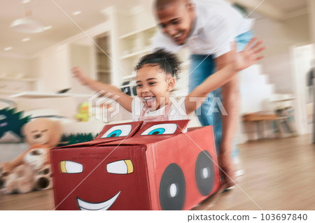 Playing girl, father and box in living room for pushing, games or race in motion blur, bonding love or happiness. Man, female child or cardboard car for support, fast game and floor in family home Playing girl, father and box in living room for pushing, games or race in motion blur, bonding love or happiness. Man, female child or cardboard car for support, fast game and floor in family home 103697840
