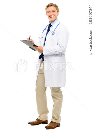 Tell me how you feel. Full length shot of a handsome young doctor standing alone in the studio and writing on a clipboard. Tell me how you feel. Full length shot of a handsome young doctor standing alone in the studio and writing on a clipboard. 103697844