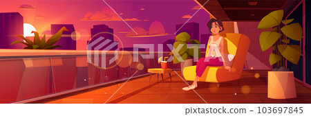 Woman sitting on terrace in armchair at sunset Woman sitting on terrace in armchair at sunset 103697845