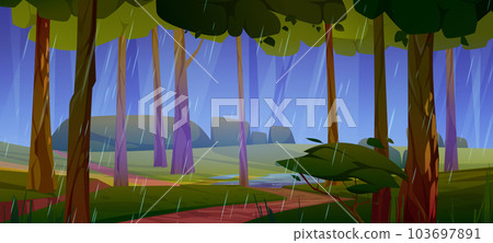Rain weather in forest cartoon vector background Rain weather in forest cartoon vector background 103697891