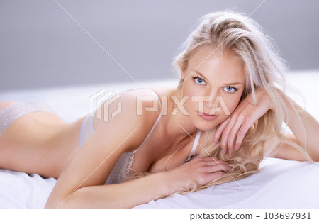 Woman, bedroom and sexy lingerie for portrait,... - Stock Photo [103697931] 
