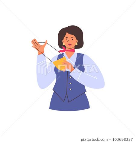 Flight attendant showing how to wear oxygen mask, flat vector illustration isolated on white background. 103698357