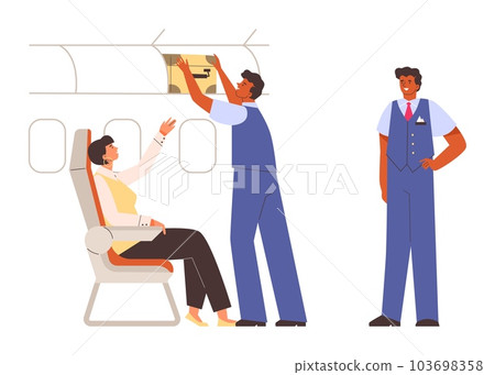 Male flight attendants helping passenger to put suitcase in overhead bin, flat vector illustration isolated on white. 103698358