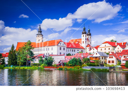 Telc, Czech Republic. Small city in Moravia, world heritage. Sunny day with white beautiful clouds. 103698413
