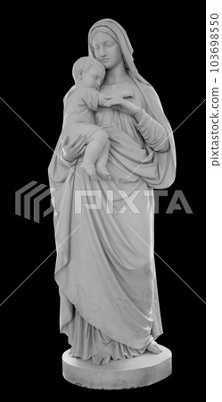 Virgin Mary and child Christ in her arms statue isolated on black background with clipping path. Madonna with baby sculpture 103698550