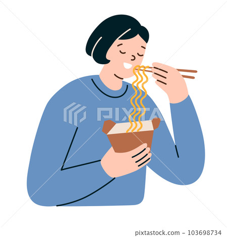 Woman eating ramen from container box, noodle soup icon, vector doodle illustration of Asian fast food, Chinese, Japanese or Korean cuisine, female cartoon character holding chopsticks, enjoying meal 103698734
