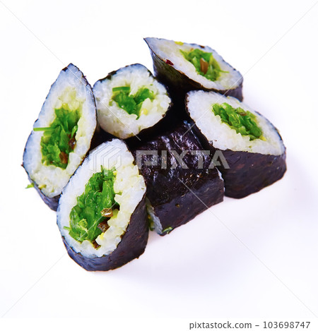 Sushi rolls with hiashi seaweed. Vegetarian maki rolls. Low calorie meal. Japanese food. Asian cuisine. White background. Close-up. Soft focus. 103698747