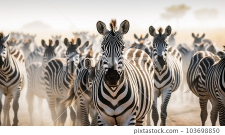 Herd of striped zebras standing in wild desert at sunlight 103698850