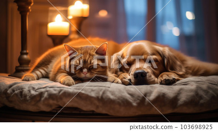 Fluffy dog and furry cat look at camera sitting on couch 103698925