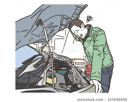 A man in trouble while opening the hood of the car 103698999