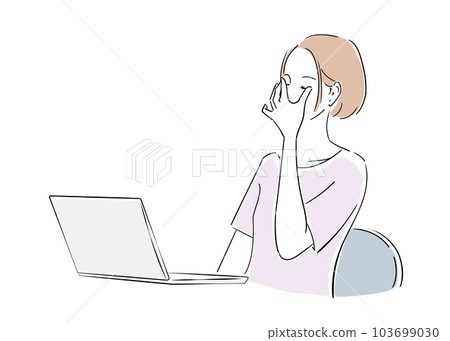 A woman resting because her eyes are tired from working on a laptop A woman resting because her eyes are tired from working on a laptop 103699030