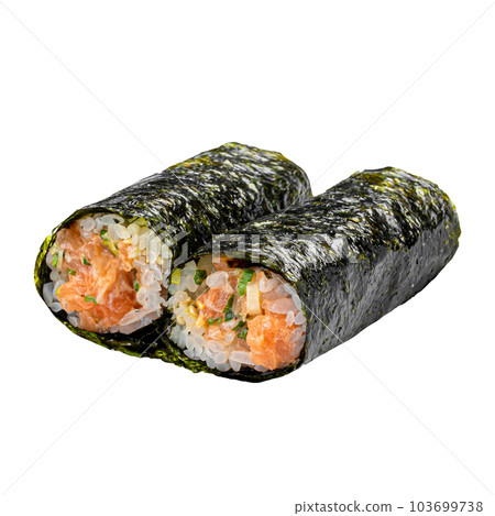 Isolated uncut salmon maki sushi rolls 103699738