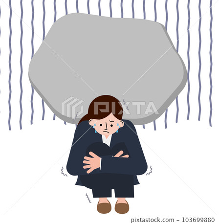 Illustration of a woman in a suit holding her knees with anxiety 103699880