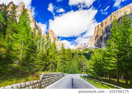 Dolomites, Italy. Sella Ronda mountain ridge and winding road to Sella Pass 103700175
