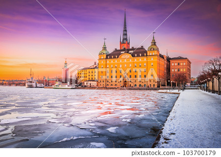 Stockholm, Sweden. Sunset over Gamla Stan and Lake Malaren frozen in winter. Stockholm, Sweden. Sunset over Gamla Stan and Lake Malaren frozen in winter. 103700179