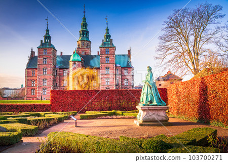 Copenhagen, Denmark. 17th-century Rosenborg Slot with royal treasures and gardens. Copenhagen, Denmark. 17th-century Rosenborg Slot with royal treasures and gardens. 103700271