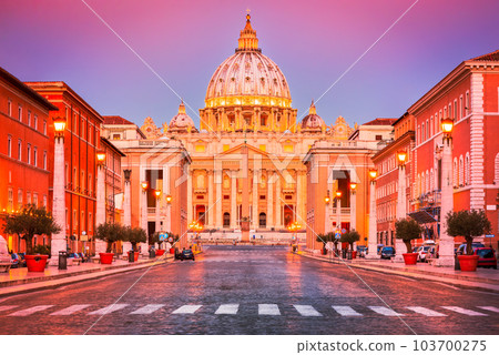 Rome, Italy. Saint Peter cathedral, Vatican city, twilight sunrise. 103700275