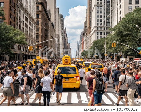 Generative AI illustration of people walking on crosswalk with traffic and taxi cars driving along busy street in downtown district against modern buildings 103700312