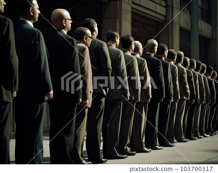 Generative AI illustration of confident men in formal suits standing in line together while waiting for business conference on city street Generative AI illustration of confident men in formal suits standing in line together while waiting for business conference on city street 103700317