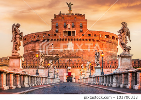 Rome, Italy. Ancient Castel Sant Angelo, Roman Empire landmark in Roma, Lazio. Sunset golden hour. Rome, Italy. Ancient Castel Sant Angelo, Roman Empire landmark in Roma, Lazio. Sunset golden hour. 103700318