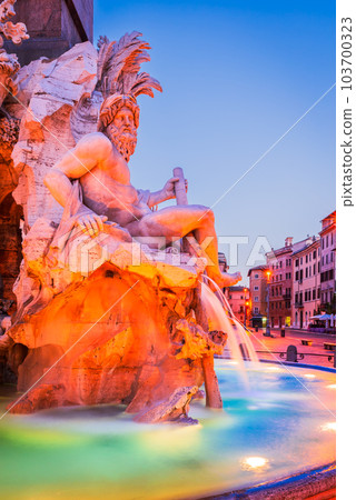 Piazza Navona, Rome. Quattro Fiumi fountain, built by Bernini in 1650 AD. 103700323