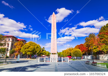 Istanbul, Turkey. Obelisk of Theodosius, egyptian heritage in Sultanahmet downtown. 103700324