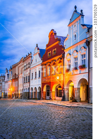 Telc, Czech Republic. Baroque architecture downtown of historical city, Hradce Square, world heritage in Moravia. 103700329