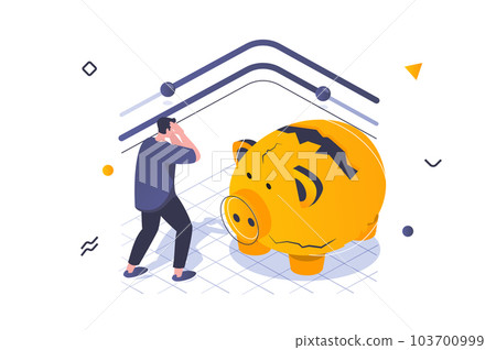 Unemployment crisis concept in 3d isometric design. Upset man sees destroy of his piggy bank and losing savings, has financial problem. Vector illustration with isometric people scene for web graphic 103700999