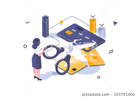 Unemployment crisis concept in 3d isometric design. Woman cutting credit cards, loses her savings, bankruptcy and financial problem. Vector illustration with isometric people scene for web graphic 103701000