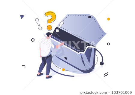Unemployment crisis concept in 3d isometric design. Sad man looking to empty wallet and has financial problem, bankruptcy and poverty. Vector illustration with isometric people scene for web graphic 103701009
