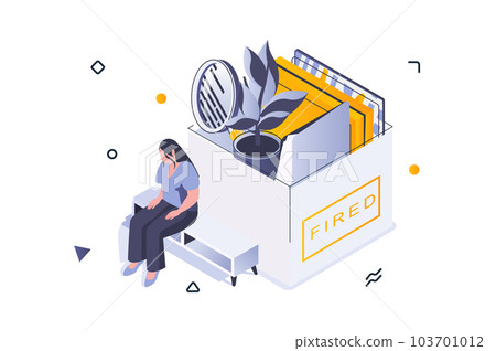Unemployment crisis concept in 3d isometric design. Sad fired woman loses her job and sits near box with things, dismissed employee. Vector illustration with isometric people scene for web graphic 103701012