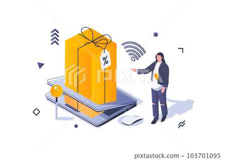 Online shopping concept in 3d isometric design. Woman buying new goods with discount prices and ordering purchase box delivery to home. Vector illustration with isometric people scene for web graphic Online shopping concept in 3d isometric design. Woman buying new goods with discount prices and ordering purchase box delivery to home. Vector illustration with isometric people scene for web graphic 103701095