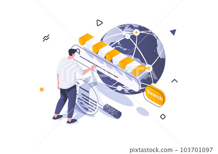 Online shopping concept in 3d isometric design. Man searching new goods in global stores sites and ordering delivery from computer. Vector illustration with isometric people scene for web graphic Online shopping concept in 3d isometric design. Man searching new goods in global stores sites and ordering delivery from computer. Vector illustration with isometric people scene for web graphic 103701097