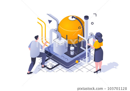 Oil Industry concept in 3d isometric design. Engineers working at oil refinery plant, check and control machinery infrastructure. Vector illustration with isometric people scene for web graphic 103701128