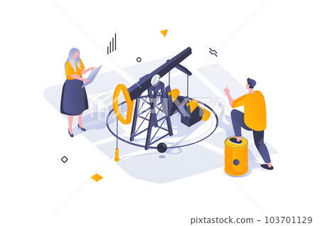 Oil Industry concept in 3d isometric design. Engineers work at oil production plant, check and control pump for extraction at station. Vector illustration with isometric people scene for web graphic 103701129