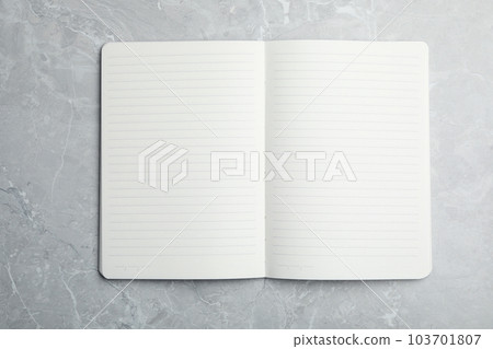 Stylish open notebook on marble table, top view. Space for design Stylish open notebook on marble table, top view. Space for design 103701807