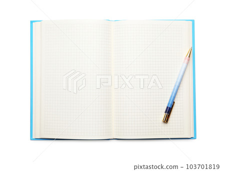 Open empty notebook and pen isolated on white, top view Open empty notebook and pen isolated on white, top view 103701819