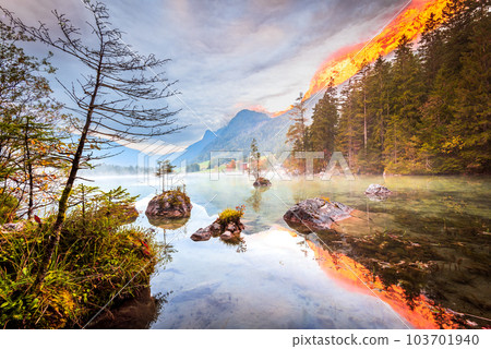 Hintersee Lake, Germany. Serene alpine lake nestled in Bavarian mountains with stunning scenery. 103701940