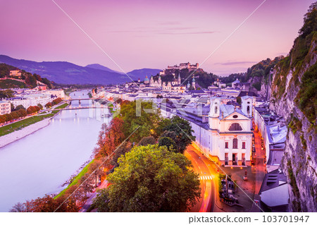 Salzburg, Austria. Sunset skyline of Festung Hohensalzburg, austrian scenic travel spot. 103701947