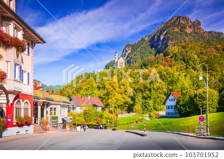 Neuschwanstein, Germany - Schwangau charming town, beautiful autumn colors, fairytale Bavaria Alps Neuschwanstein, Germany - Schwangau charming town, beautiful autumn colors, fairytale Bavaria Alps 103701952