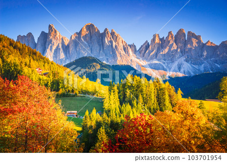 Val di Funes, Dolomites Mountains in Northern Italy, Odle Ridge 103701954