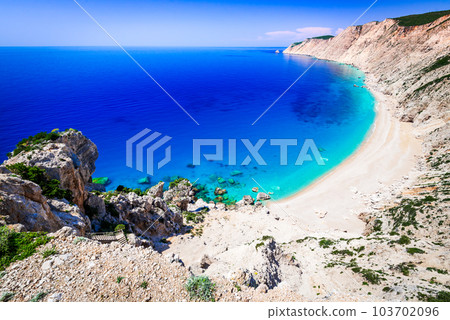 Kefalonia, Greece. Platia Ammos Beach, one of the beautiful beaches of the Cephalonia island, Greek Islands. 103702096