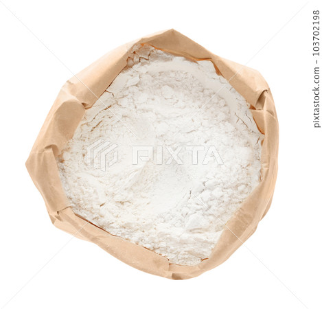 Wheat flour in paper bag isolated on white, top view 103702198