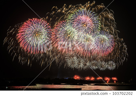 Amazing fireworks show in the dark sky. Amazing fireworks show in the dark sky. 103702202
