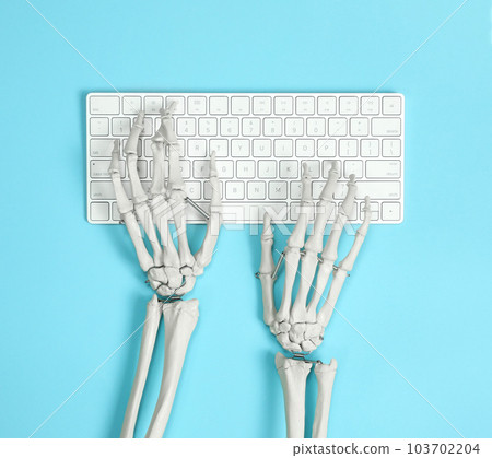 Human skeleton using computer keyboard on light blue background, top view Human skeleton using computer keyboard on light blue background, top view 103702204