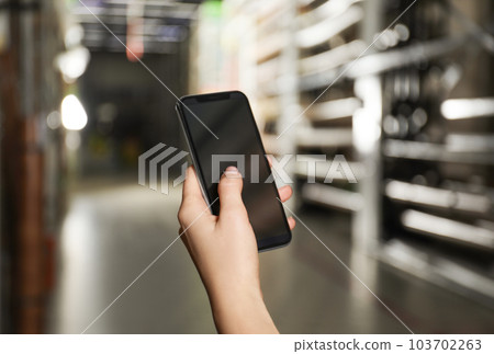 Woman with smartphone in wholesale warehouse, closeup. Space for design Woman with smartphone in wholesale warehouse, closeup. Space for design 103702263