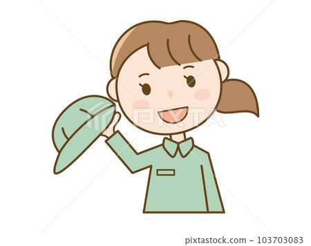Illustration of a female worker wearing work clothes who takes a hat and greets and bows _delivery worker _cleaner 103703083