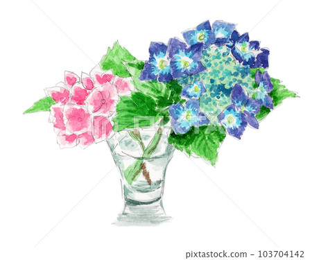 Watercolor sketch of two hydrangeas in a cup 103704142