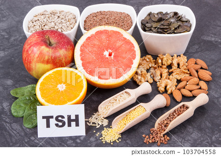 Inscription TSH with nutritious products and ingredients containing vitamins for healthy thyroid Inscription TSH with nutritious products and ingredients containing vitamins for healthy thyroid 103704558