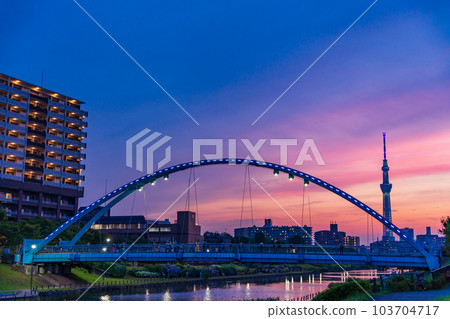 [Tokyo] Over the Fureai Bridge in the Former Nakagawa Waterside Park, Tokyo Skytree and evening view 103704717